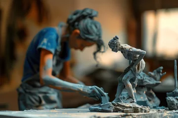 Fotobehang Disheveled Artist vs. Sculpting Robot on Sculpture Patio © Pongsapak