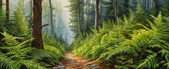 A fern growing between a path in the forest. Scenery in a deep forest. Watercolor style landscape illustration.