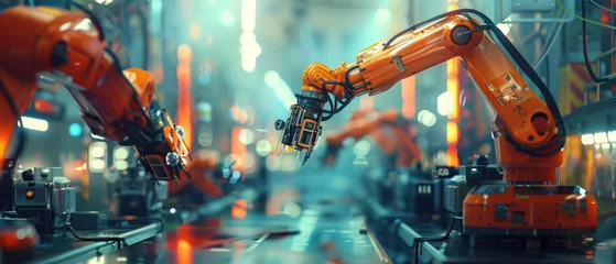 Fotobehang industrial automated robot arm swiftly and accurately assembling electronic gadgets on an automated factory production line © Pongsapak