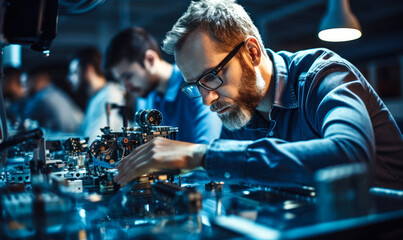 Focused Engineer Intently Working on Advanced Robotic Arm Assembly in High Tech Development Laboratory with Team in Background