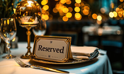 Elegant reserved sign placed on a white linen tablecloth at a fine dining restaurant, with wine glasses and bokeh lights in the background, creating a sophisticated and exclusive atmosphere - obrazy, fototapety, plakaty
