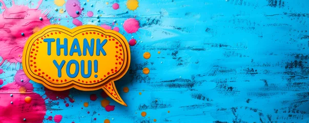 Türaufkleber Appreciation message THANK YOU! in bold letters on a speech bubble cutout, placed on a vibrant blue background, symbolizing gratitude and acknowledgment © Bartek