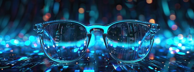 Smart glasses with futuristic technology background. VR/AR goggles. - obrazy, fototapety, plakaty