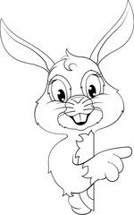 An Easter bunny rabbit cartoon character peeking around a sign