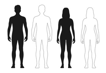 Human body silhouette, man and woman outline figure or patient front view, vector contour. Male and female anatomy model of body for medical line icon or health and medicine patient full body - obrazy, fototapety, plakaty