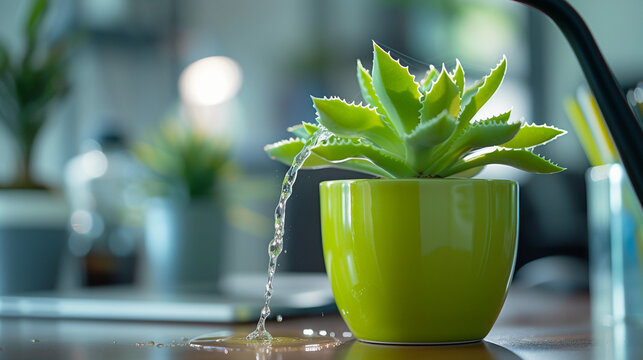 Close up portrait of watering to a small cactus plant pot in office desk