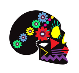 Mexican colorful skull side view, with flowers. Day of the dead and Halloween background.