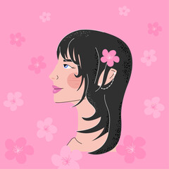 Vector cute girl with dark hair in sakura flowers