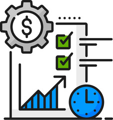 Color financial management, analysis, accounting, tax revenue and budget line icon, depicts dollar sign, clock, growing chart, gear, financial report, signifying wealth management and fiscal planning