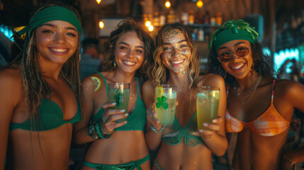 Group of friends having fun at a beach party. Group of young women in green swimsuits and hats drinking cocktails, celebrate St. Patrick's Day. - obrazy, fototapety, plakaty
