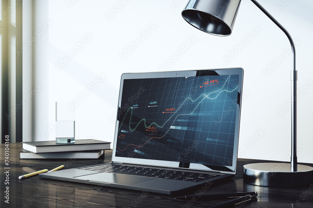 Fototapete modern computer monitor with abstract statistics data hologram interface, computing and analytics co