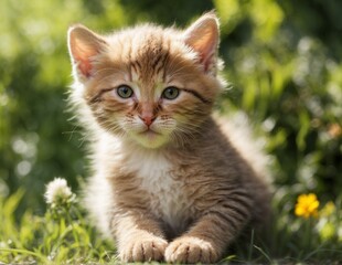Naklejka na ściany i meble Cute ginger kitten lying in the grass and looking at the camera