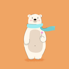Cute white vector bear with a lollipop on an orange background with a scarf