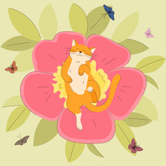 A red-haired contented vector cat lies on its back on a flower surrounded by butterflies 