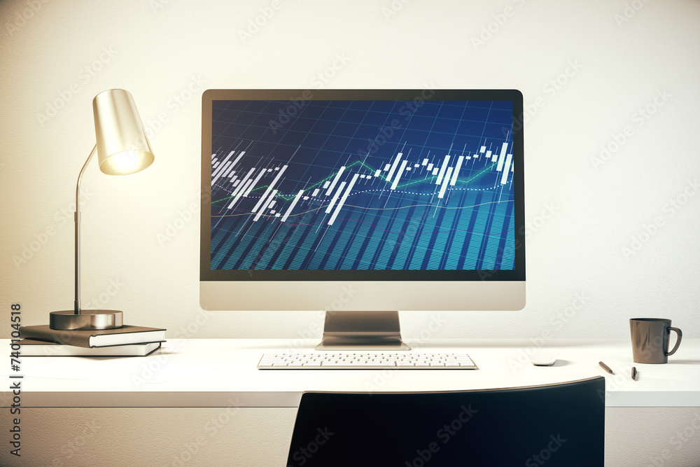 Poster Modern computer screen with abstract financial diagram, banking and accounting concept. 3D Rendering