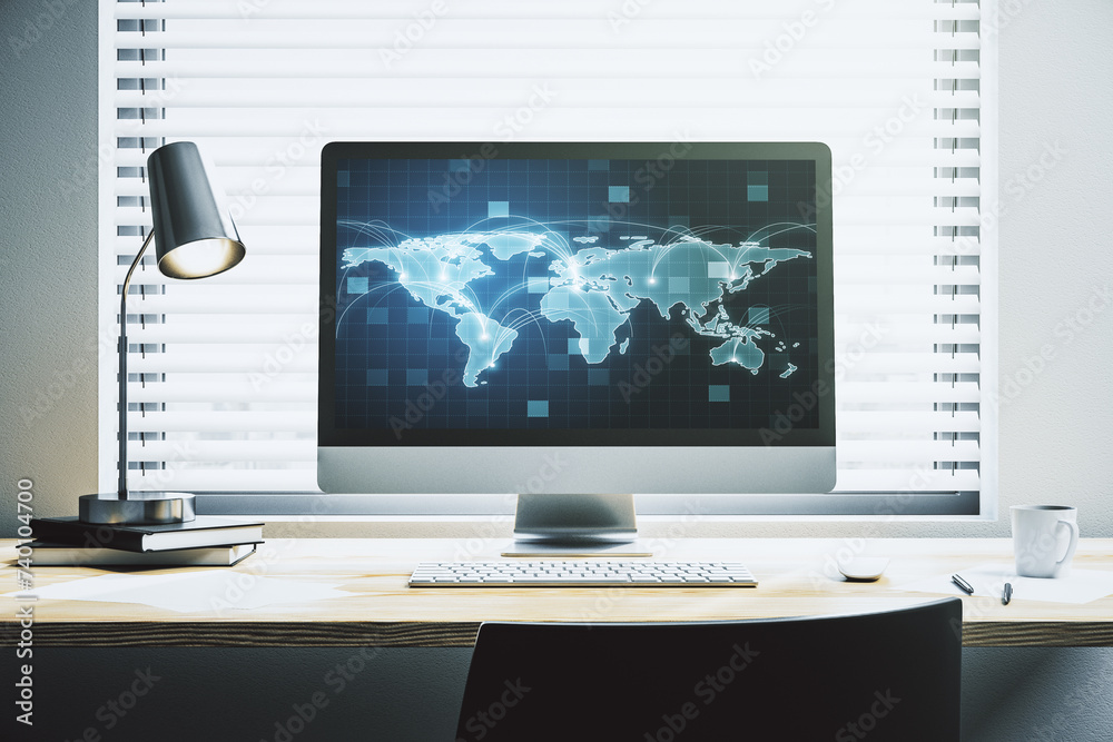 Leinwandbilder computer monitor with abstract graphic digital world map with connections, globalization concept. 3d