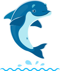 Cartoon dolphin character leaping joyfully, mid-air isolated on white background with blue waves. Expressive, lively aquatic personage perform in dolphinarium, conveying energy and playful positivity