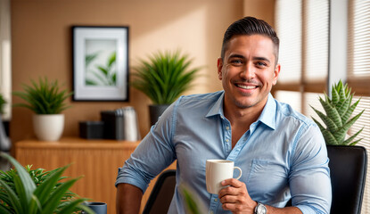 Hombre sonriente tomando café