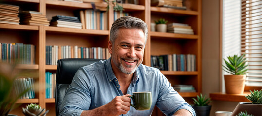 Hombre adulto sonriente tomando café  - obrazy, fototapety, plakaty