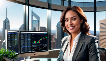 Mujer latina sonriente ubicada en una oficina  con pantallas con gráficos en el fondo
