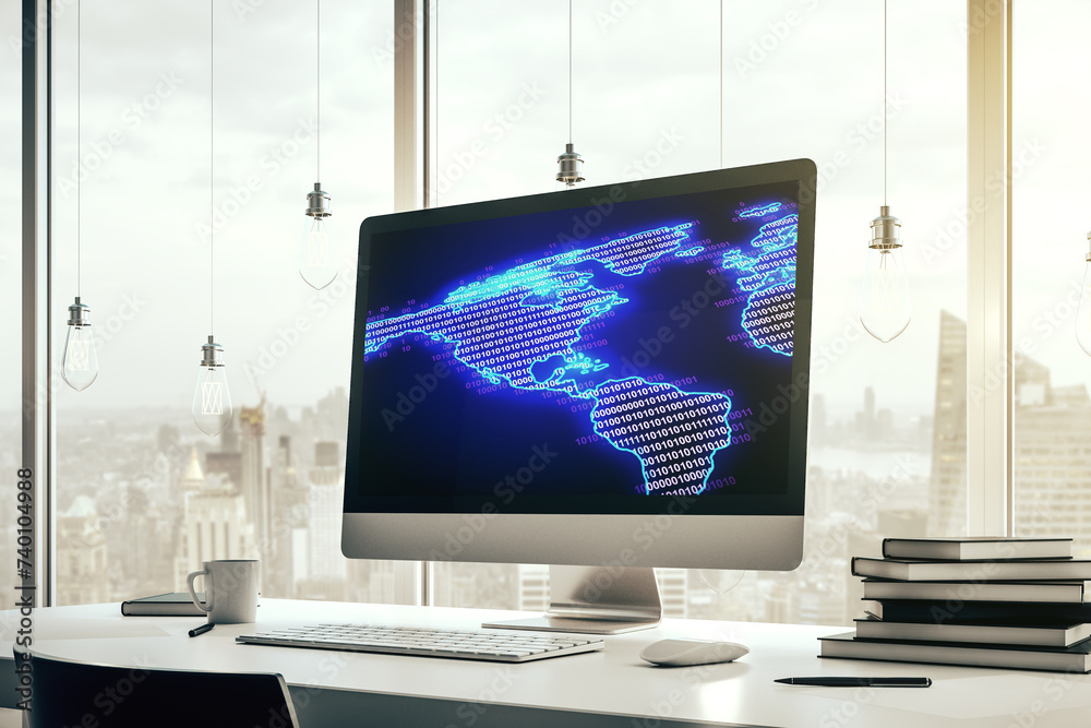 Poster modern computer monitor with america map, research and strategy concept. 3d rendering