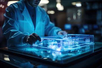 A researcher scrutinizes complex medical data on a futuristic holographic interface in a high-tech lab.