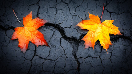 image of a road with a broken asphalt surface and two autumn maple leaves. view from above