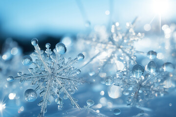 A delicate and symmetrical snowflake lies perfectly on a frosty surface, illuminated by the soft glow of the evening light. 