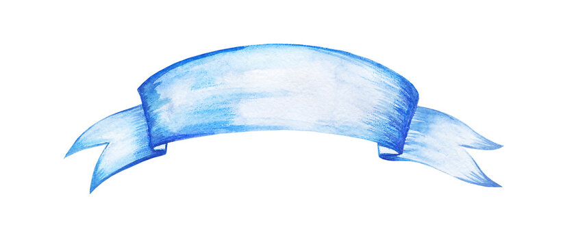 watercolor set of banners ribbons for text, hand drawn design element for your greetings, logo, labels, blue and cyan colors, isolated on white background