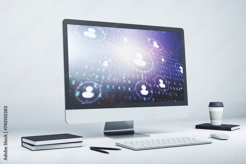 Poster Modern computer screen with social network media concept. 3D Rendering