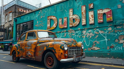 Old rusty car near traditional Irish pub on Baggot Street, Dublin city centre.