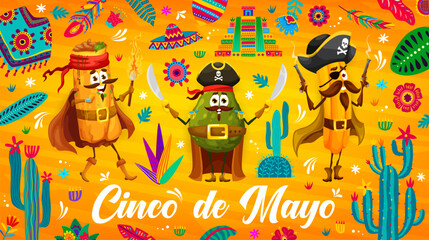 Cinco de Mayo Mexican holiday banner with cartoon Tex Mex characters, vector background. Burrito pirate, avocado buccaneer and churro filibuster with sombrero, poncho and maracas for Mexican fiesta - obrazy, fototapety, plakaty