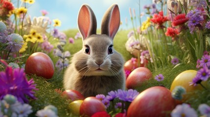 Fototapeta na wymiar A rabbit sitting peacefully in a field of colorful flowers. Perfect for nature or animal themed designs