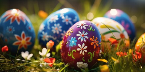 Fototapeta na wymiar Colorful Easter eggs in the grass, perfect for Easter holiday decorations