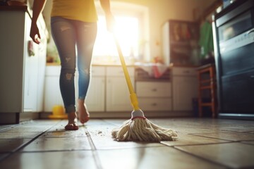 A woman cleaning kitchen floor with mop, suitable for household cleaning concepts - obrazy, fototapety, plakaty