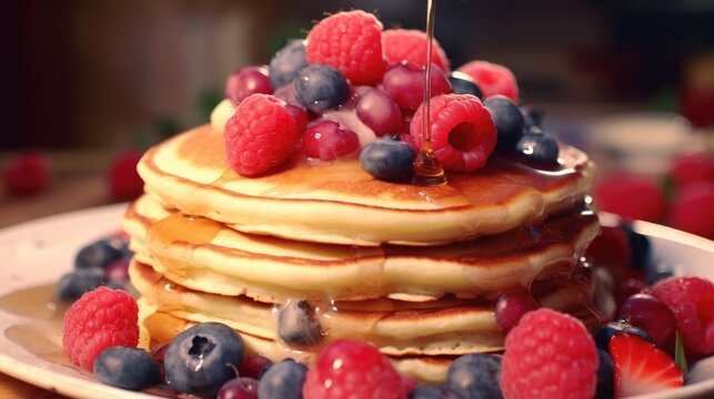 Mouth-watering image of pancakes topped with syrup and berries. Perfect for food blogs or breakfast menus