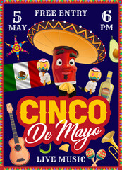 Cinco De Mayo Mexican holiday party flyer for fiesta with chili pepper in sombrero, vector poster. Mexican flag, tequila and avocado in live music fest for Cinco De Mayo holiday and music carnival