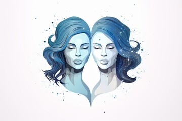 Vector illustration of zodiac sign gemini in blue color shining on white background