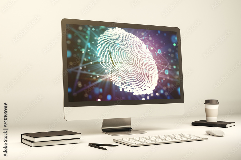 Aufkleber Computer monitor with abstract creative fingerprint illustration, personal biometric data concept. 3D Rendering