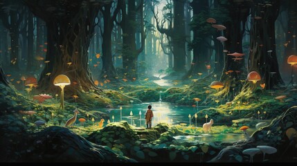 Silhouette of people in a magical forest, illustration wallpaper