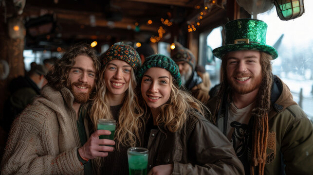 Group of young friends having fun and drinking beer in a pub celebrate St. Patrick's Day.