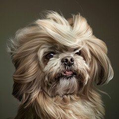 dog with luxurious hair advertising groomer salon or dog shampoo