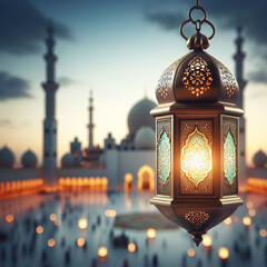 An islamic lantern with a mosque in the background for al fitr and adha eid concept Ai generative.