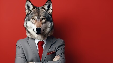 Stylish anthropomorphic wolf in business suit at corporate studio, with copy space available.