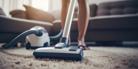 Woman using a vacuum to clean a carpet, ideal for household cleaning concepts - obrazy, fototapety, plakaty