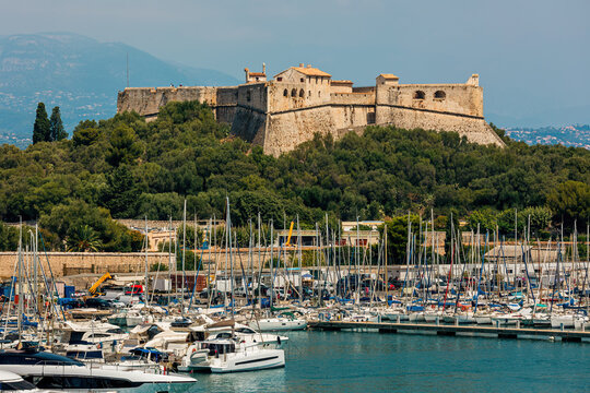 Fort Carre and harbor with yachts in Antibes, France.