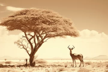 Fotobehang An antelope standing under a tree in the desert. Suitable for nature and wildlife themes © Fotograf