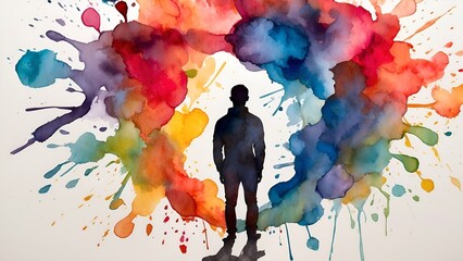 Silhouette of a person with rainbow explosion of color behind them, Vibrant Burst of Colors Meets the Melancholic Artist's Struggle, Explosion of colors out of an artist , AI-generated