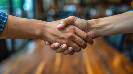 Two individuals engage in a firm handshake over a wooden table, indicating a mutual agreement or greeting.