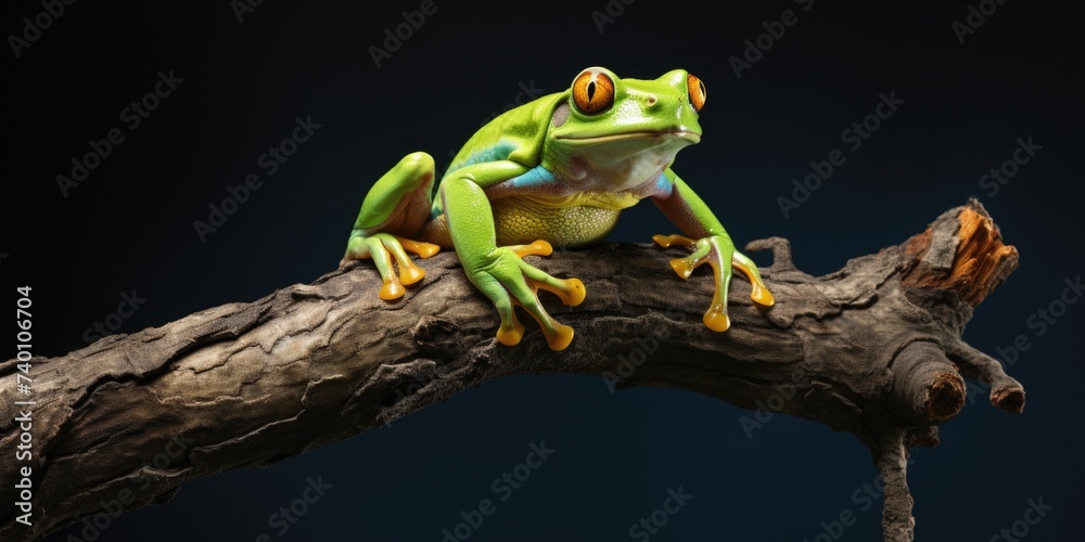 Poster a frog perched on a tree branch. suitable for nature and wildlife themes
